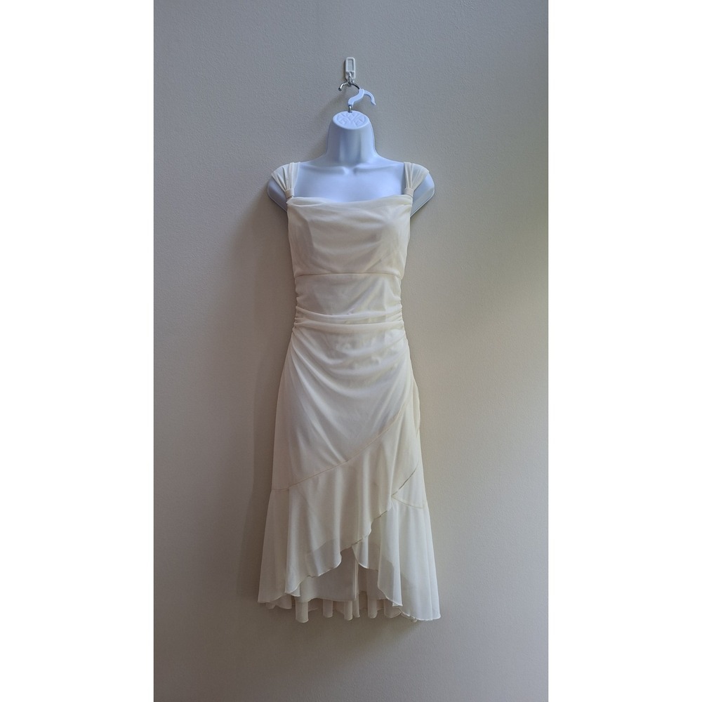 Ruby Rox Y2K Dress Cream Assymetric Cocktail Tulle Ruching Sz L Square Neck